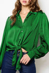 Emerald Green Balloon Sleeve Front Tie Blouse