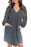 Striped V Neck Puff Sleeve Shift Dress