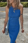 Blue Ribbed Knit Sleeveless Midi Dress