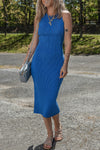 Blue Ribbed Knit Sleeveless Midi Dress