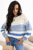 Blue Open Stitch Puff Sleeve Sweater