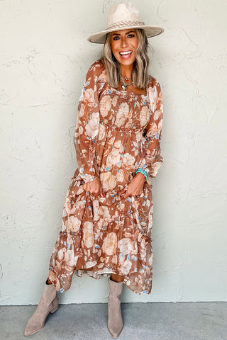 Brown Floral Square Neck Maxi Dress