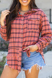 Red Plaid Distressed Hem Button Up