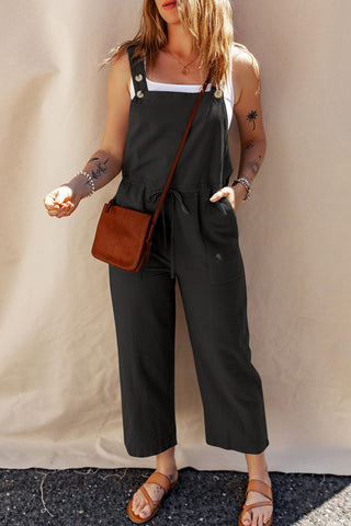 Black Drawstring Buttoned Strap Cropped Overall