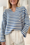 Stripe Buttoned Back V Neck Top