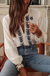 Floral Embroidered Frilled V Neck Blouse