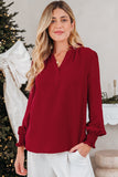 Burgundy Shirred Cuff Long Sleeve Blouse