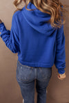 Dark Blue Solid Drop Shoulder Drawstring Cropped Hoodie