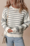 Gray Stripe Drop Shoulder Crew Neck Sweater