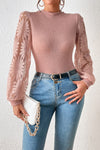 Beige Sunflower Mesh Bubble Sleeve Waffle Knit Top