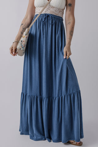 Lace up High Waist Tiered Maxi Skirt