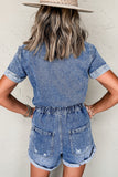 Pocket Button Fold Edge Denim Romper