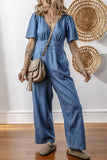 V Neck Short Sleeve Denim Jumpsuit