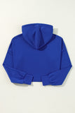 Dark Blue Solid Drop Shoulder Drawstring Cropped Hoodie