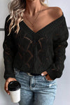 Black Hollow Out Knit V Neck Sweater