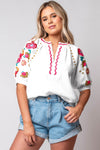 Floral Embroidered Ricrac Puff Sleeve Blouse