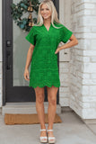 Green Solid Color Eyelet Embroidered T Shirt Mini Dress