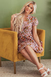 Pink Floral Puff Sleeve Shirred Dress