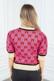 Pink Bow Print Short Sleeve Knit top