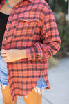 Red Plaid Distressed Hem Button Up