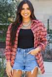 Red Plaid Distressed Hem Button Up