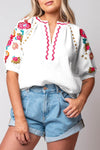 Floral Embroidered Ricrac Puff Sleeve Blouse