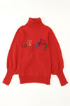 Red Merry Letter Embroidered High Neck Sweater