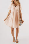 Beige Boho Embroidered V Neck Dress