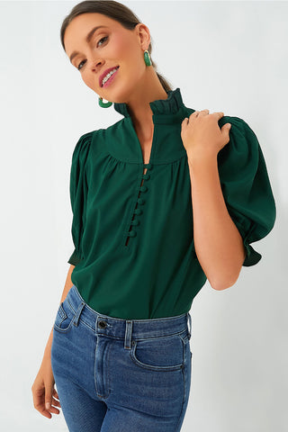 Green Frilled Trim Puff Sleeve Blouse