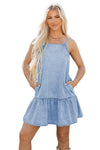 Spaghetti Strap Ruffle Hem Denim Dress