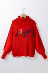 Red Merry Letter Embroidered High Neck Sweater