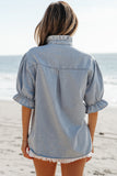 Beau Blue Ruffle Short Puff Sleeve Summer Chambray Shirt