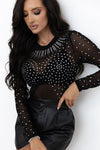 Sheer Rhinestone Mesh Long Sleeve Bodysuit