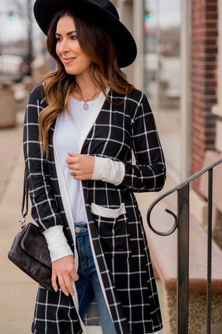 Black Plaid Block Edge Open Cardigan