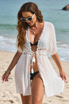 Pom Pom Trim Drawstring Waist Beach Kimono