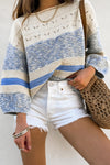 Blue Open Stitch Puff Sleeve Sweater