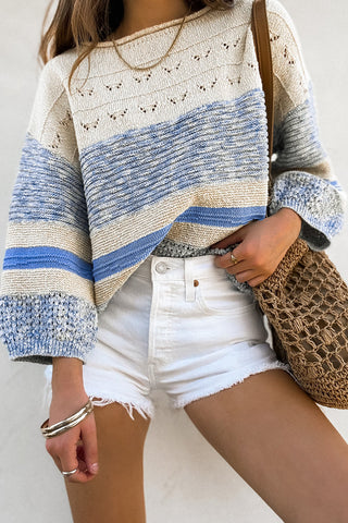 Blue Open Stitch Puff Sleeve Sweater