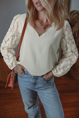 V Neckline Lace Lantern Sleeve Blouse