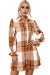 Khaki Plaid Pattern Collared Neck Ruffled Sleeve Shirt Dress