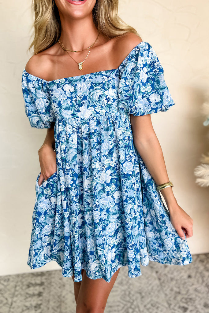 Blue Floral Puff Sleeve Babydoll Mini Dress Red Boutique Blue Floral Puff Sleeve Babydoll Mini Dress Red Boutique