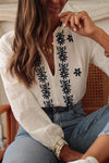 Floral Embroidered Frilled V Neck Blouse