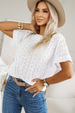 Eyelet Pattern Boat Neck Casual Top