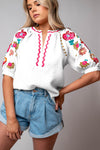 Floral Embroidered Ricrac Puff Sleeve Blouse