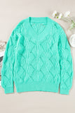 Mint Green Hollow Out Knit V Neck Drop Shoulder Sweater