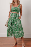Floral Shirred Crop Top & High Waist Midi Skirt Set