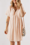 Beige Boho Embroidered V Neck Dress