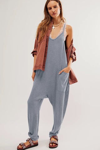 Gray Waffle Knit Spaghetti Straps Loose Fit Jumpsuit
