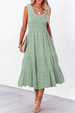Green Pleated Square Neck Midi Dress
