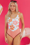 Orange Floral Backless One Piece Swimsuit