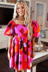 Abstract Puff Sleeve Dress